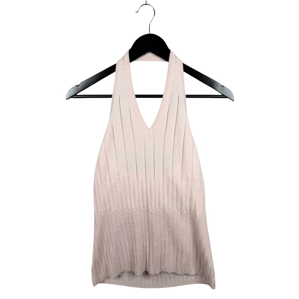 Marlowe Pale Pink 100% Cashmere Ribbed Halter Top V Neck Sz XS/S